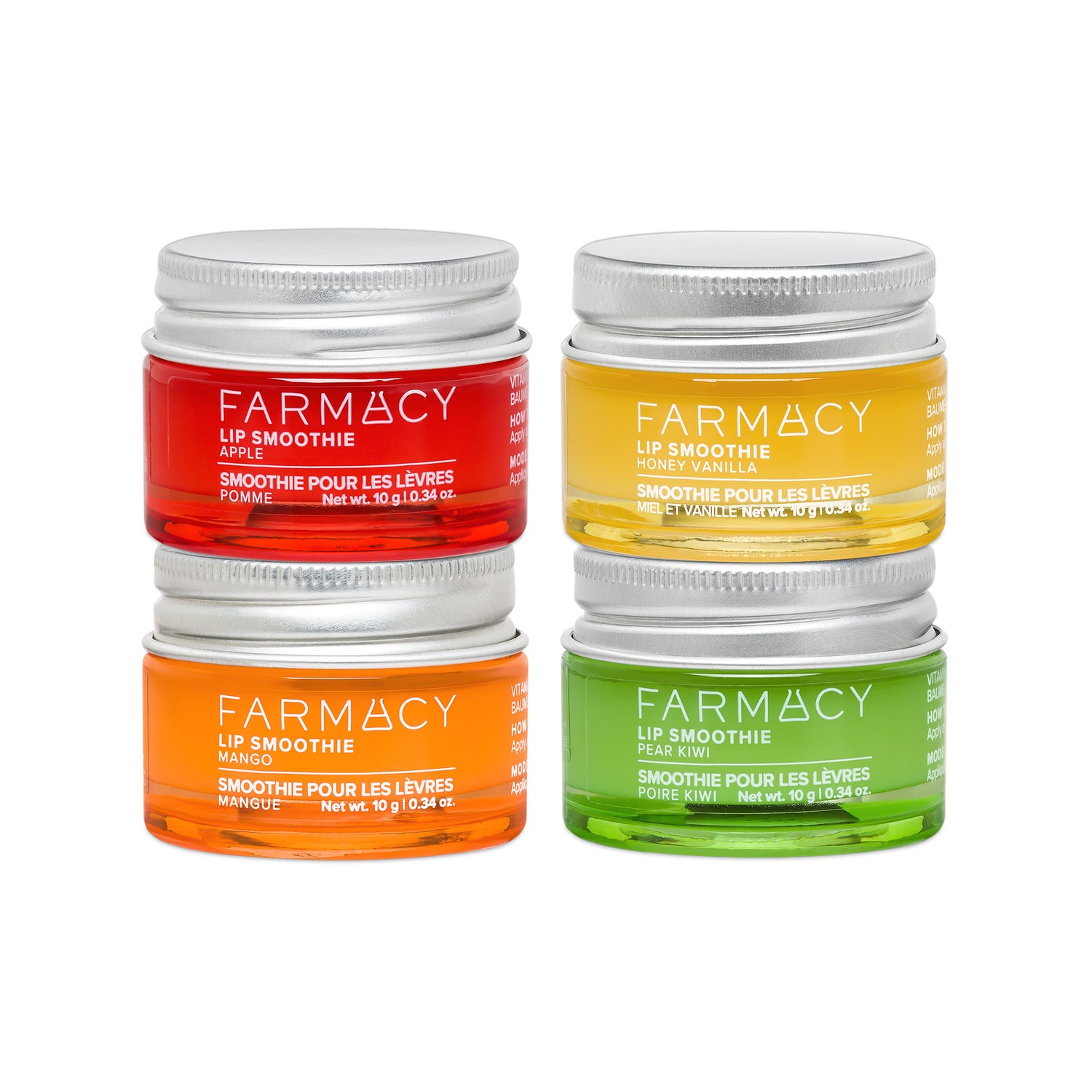 Four Farmacy Lip Smoothie jars in red, yellow, orange, and green on a white background.