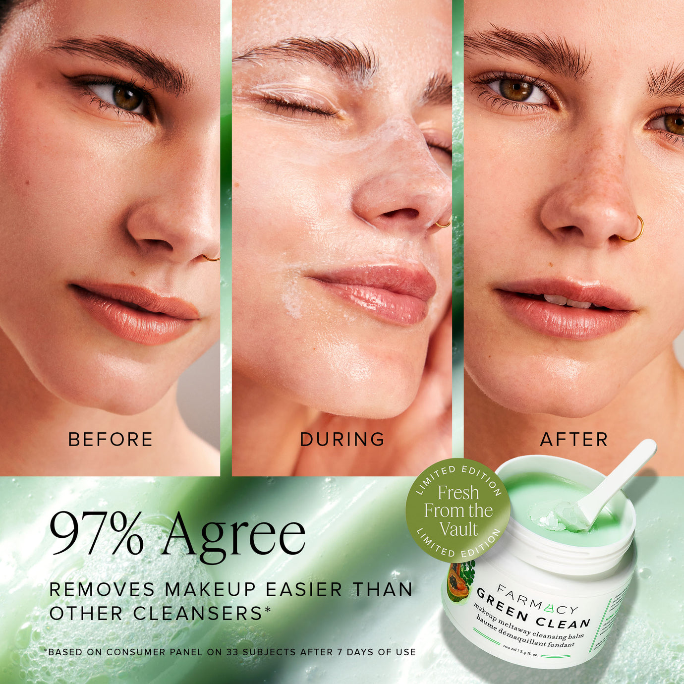 Model face of before, during, and after washing face with Green Clean Cleansing Balm