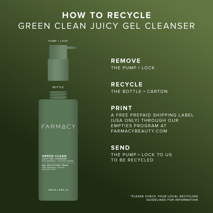 Instructions for recycling Farmacy Green Clean Juicy Gel Cleanser on a green background