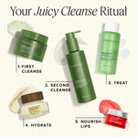 Farmacy skincare products with step-by-step guide on a white background