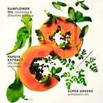 Papaya, sunflower leaves, and super greens illustrating Green Clean ingredients: papaya extract to cleanse, sunflower oil to nourish, and antioxidant-rich super greens blend