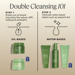 Double Cleansing 101 graphic: Green Clean oil-based balm removes sebum, SPF, makeup, and pollutants, followed by a water-based cleanser to remove sweat and dirt