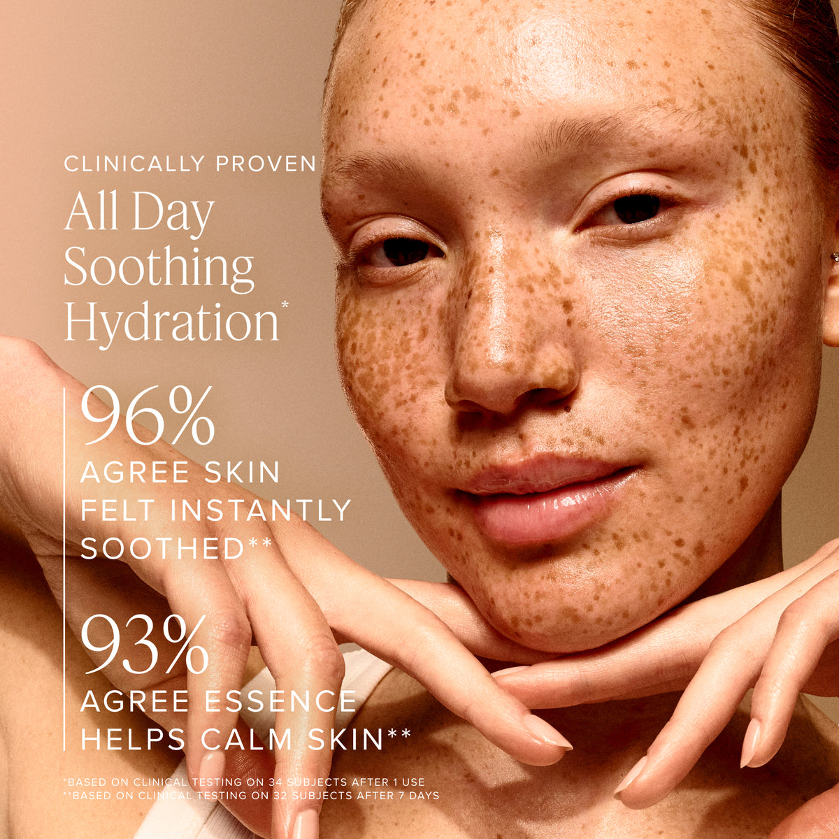 Woman with freckles on her face, showing skin care product benefits.