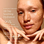 Woman with freckles on her face, showing skin care product benefits.