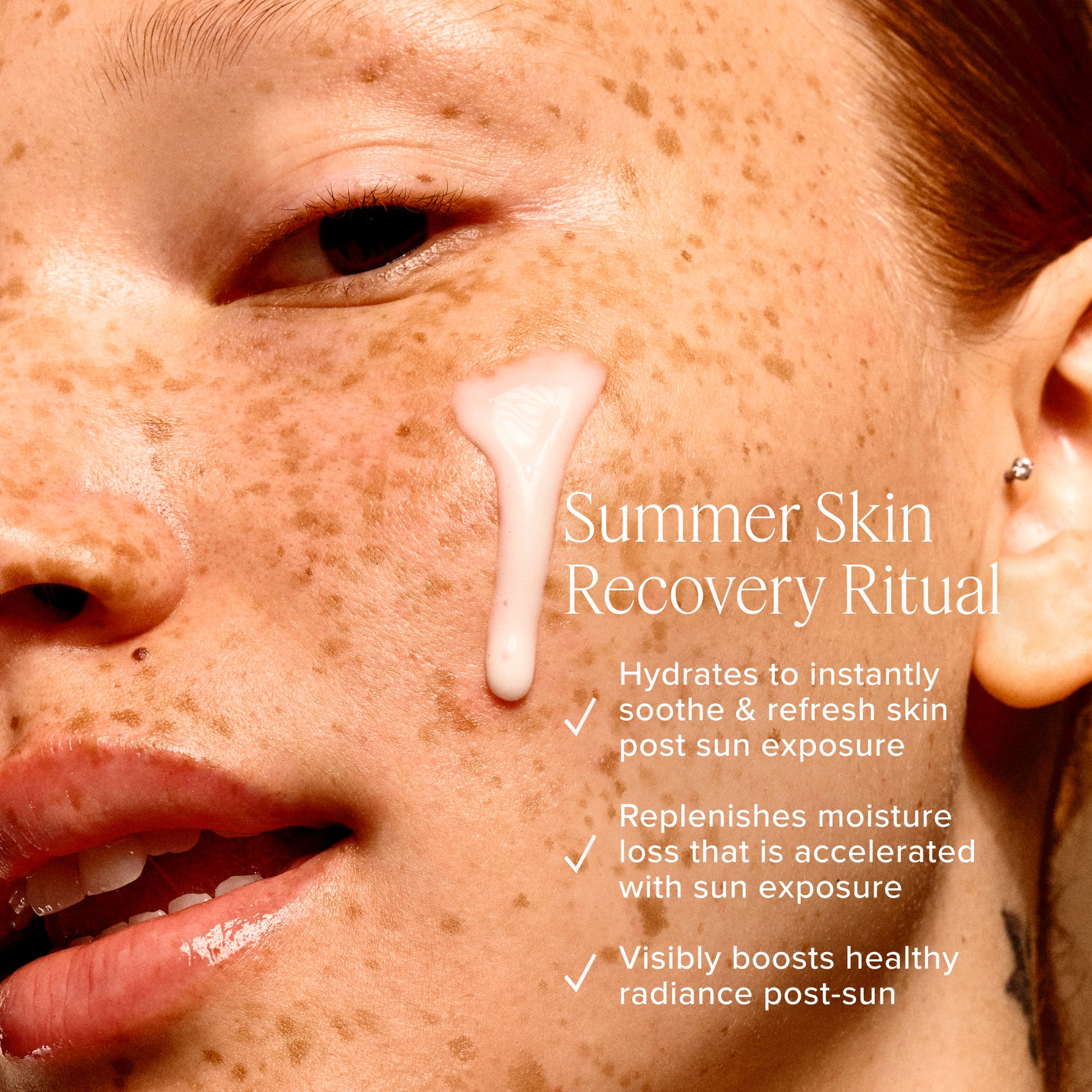 Close-up of a person's face with a product applied, featuring text about a summer skin recovery ritual.