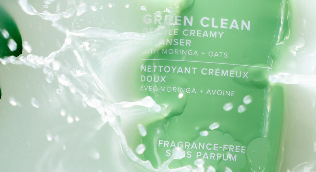 Green Clean skincare product with text on a light background