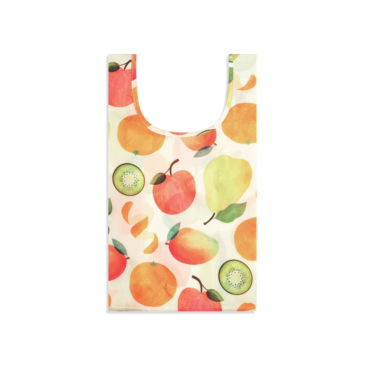 Farmacy x Baggu reusable plastic shopping bag with a watercolor-style fruit print featuring oranges, apples, pears, and kiwi slices on a white background