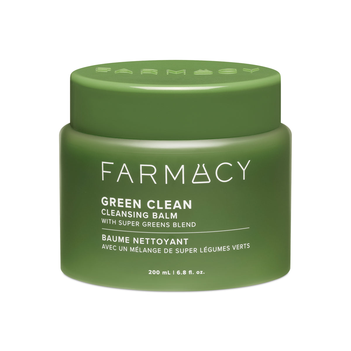 A green jar of FARMACY Green Clean Cleansing Balm with a green cap, labeled with the product name and size, 200 ml, displayed on a white background.