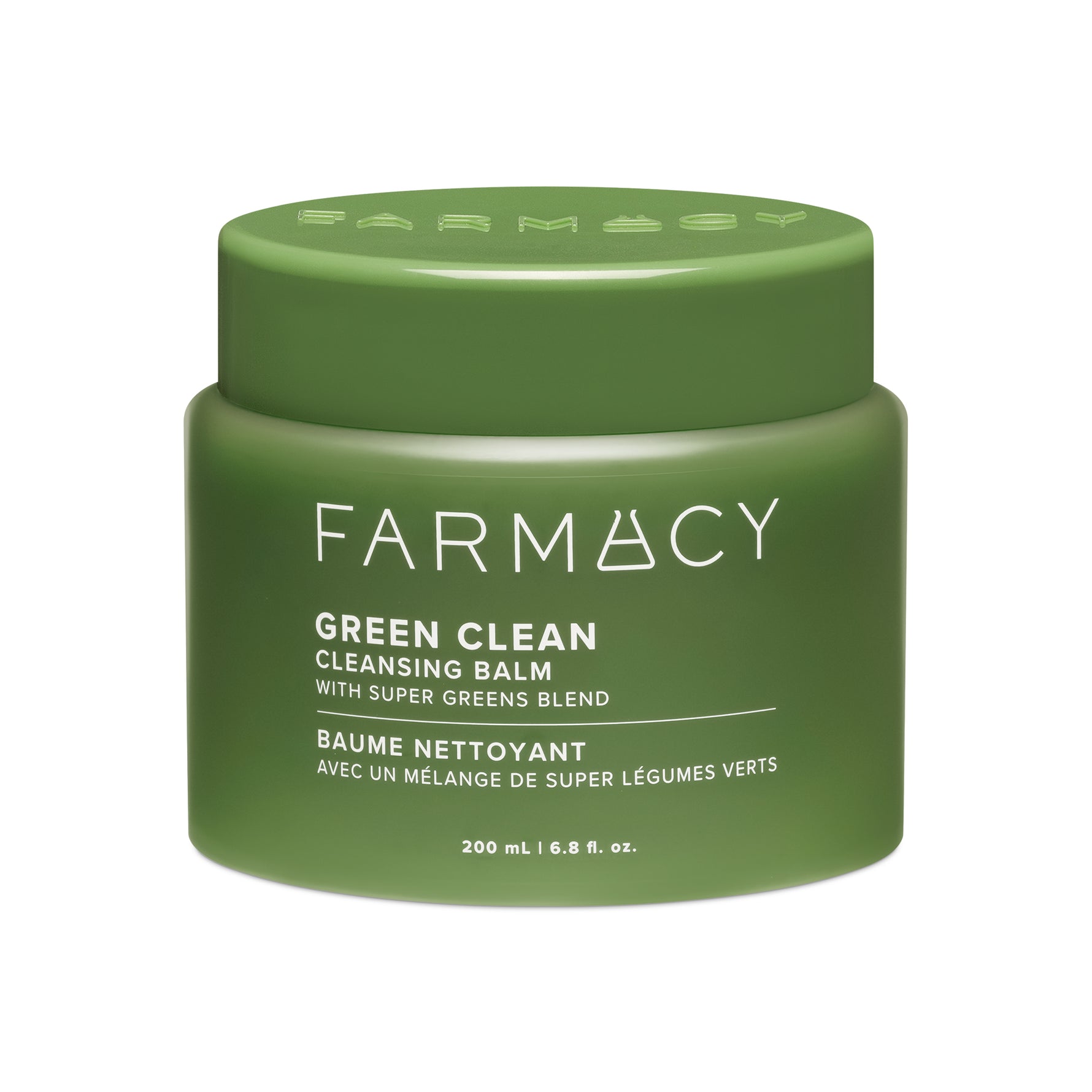 A green jar of FARMACY Green Clean Cleansing Balm with a green cap, labeled with the product name and size, 200 ml, displayed on a white background.