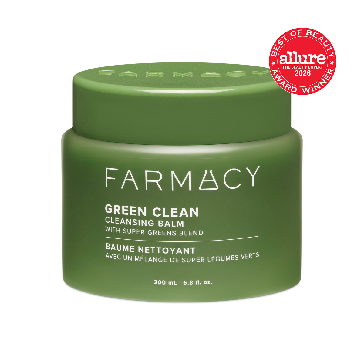 200mL jar of Green Clean Cleansing Balm with a red Allure Best of Beauty Award Winner badge in the top right corner on a white background