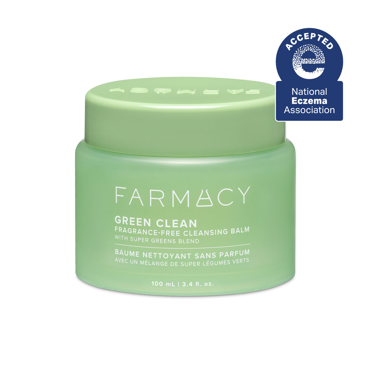 Green jar of Farmacy Green Clean cleansing balm with a National Eczema Association acceptance badge on a white background.