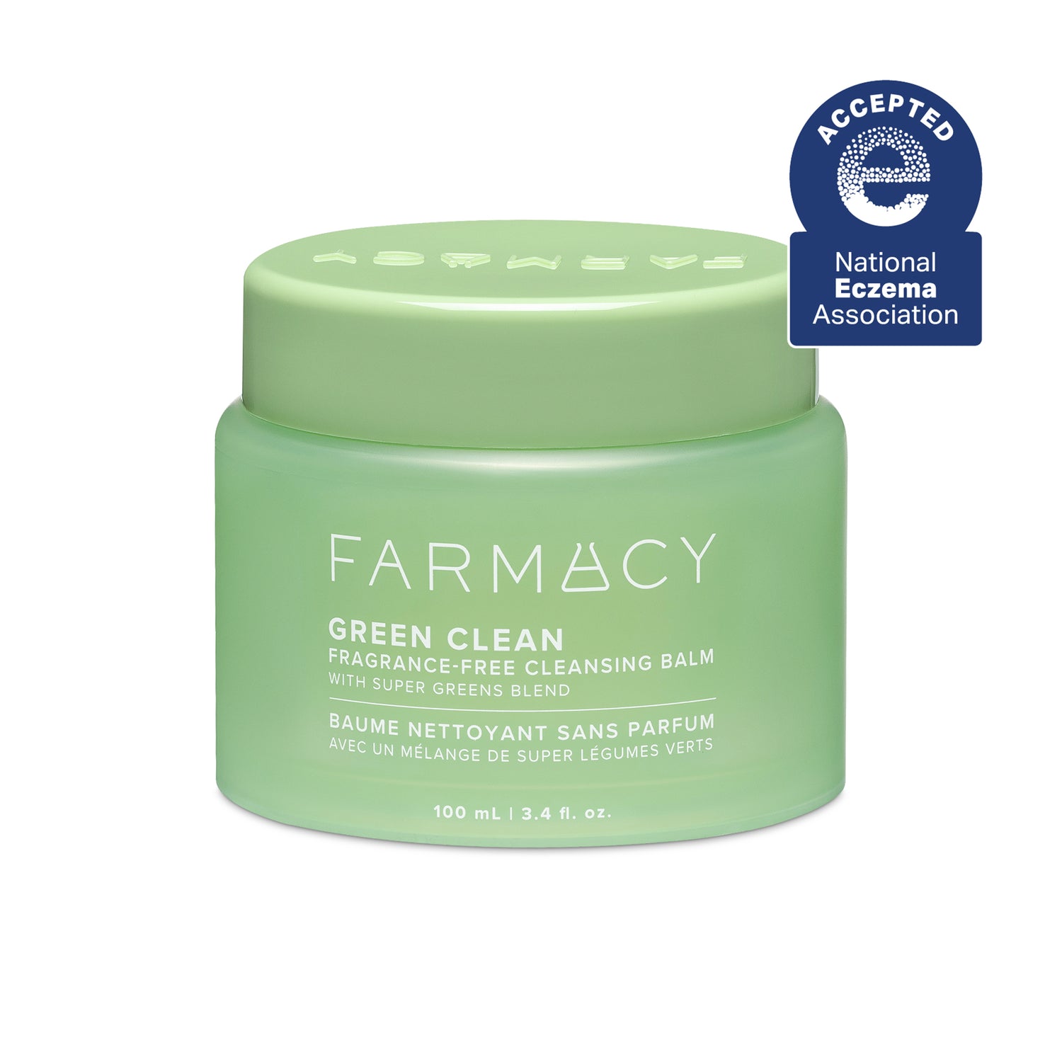 Green jar of Farmacy Green Clean cleansing balm with a National Eczema Association acceptance badge on a white background.