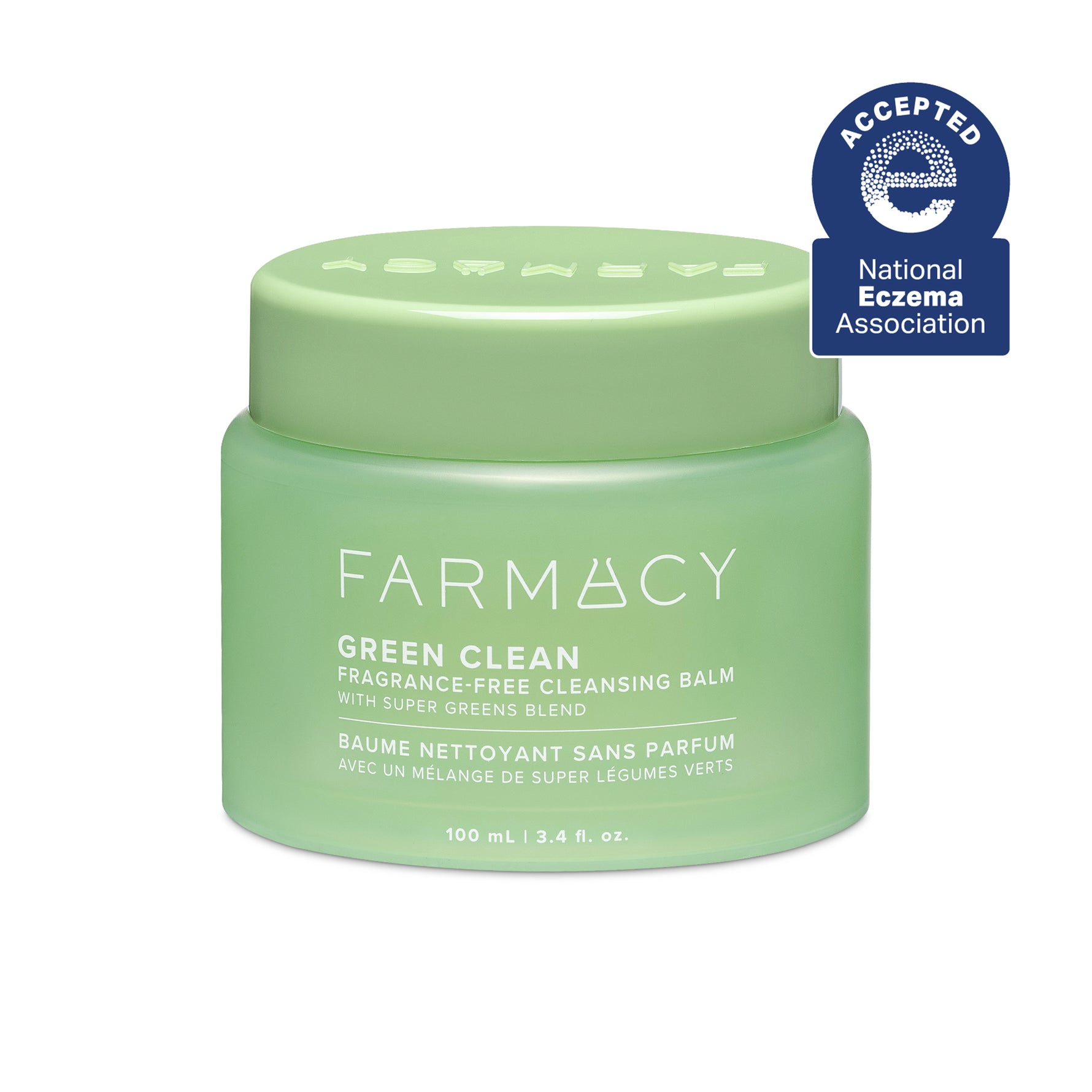 Green jar of Farmacy Green Clean cleansing balm with a National Eczema Association acceptance badge on a white background.