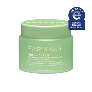 Green jar of Farmacy Green Clean cleansing balm with a National Eczema Association acceptance badge on a white background.