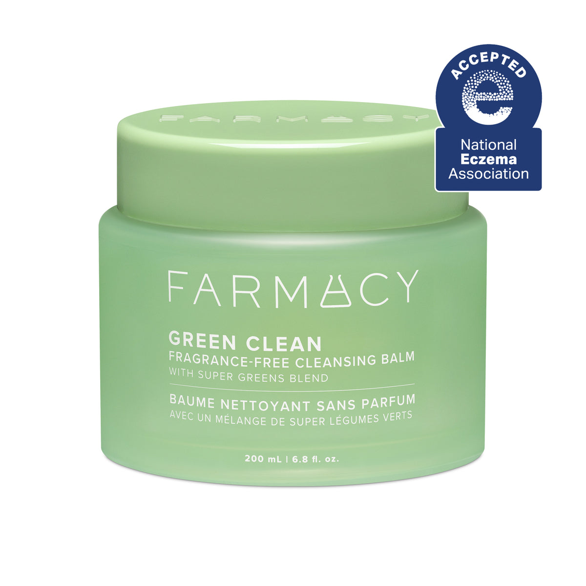 Green jar of Farmacy Green Clean cleansing balm with National Eczema Association acceptance badge on a white background