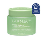 Green jar of Farmacy Green Clean cleansing balm with National Eczema Association acceptance badge on a white background