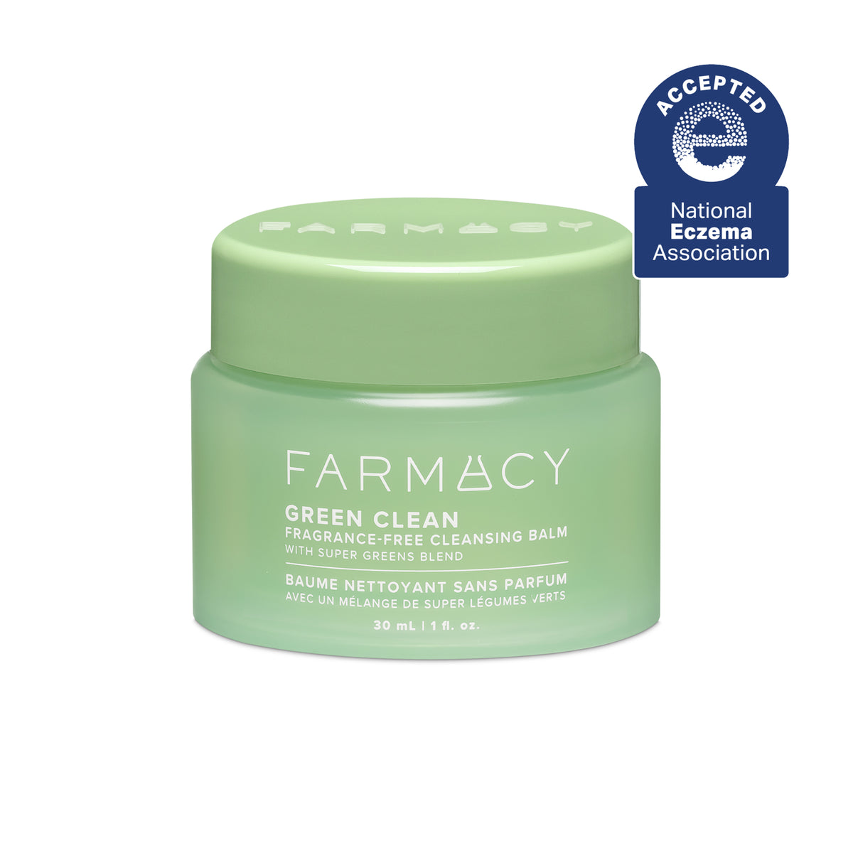 Green jar of Farmacy Green Clean cleansing balm on a white background with National Eczema Association acceptance badge.