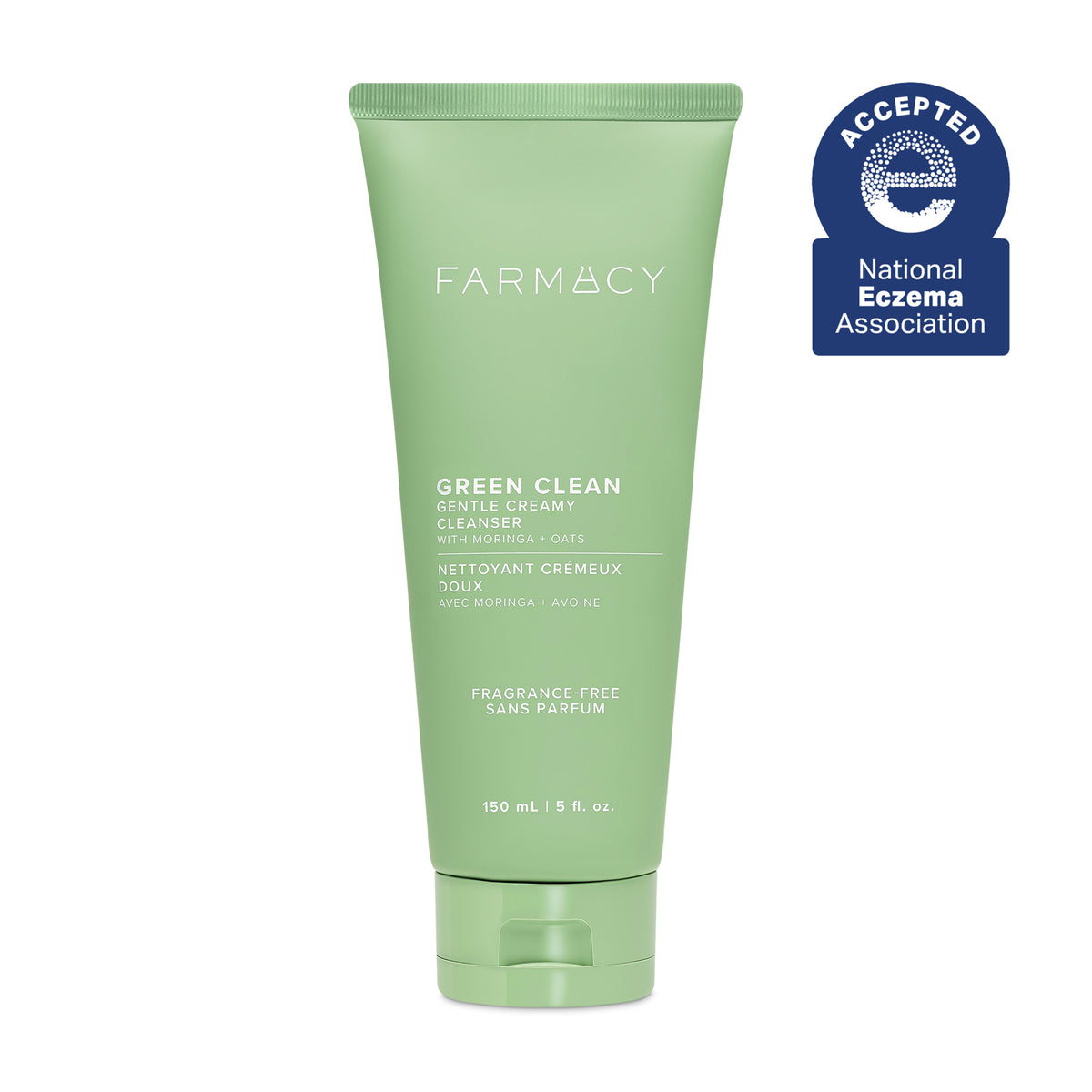 Green tube of Farmacy Green Clean Gentle Creamy Cleanser on a white background with National Eczema Association acceptance badge.
