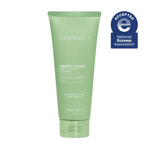 Green tube of Farmacy Green Clean Gentle Creamy Cleanser on a white background with National Eczema Association acceptance badge.