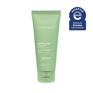 50 mL tube of Farmacy Green Clean Fragrance-Free Gentle Creamy Cleanser on a white background with a blue National Eczema Association Accepted seal 