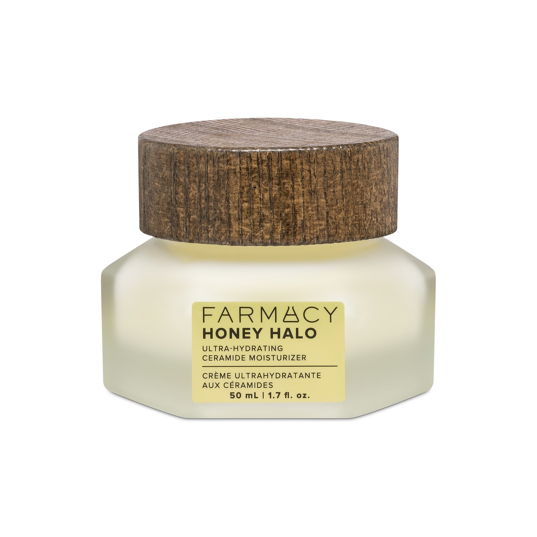 A jar of FARMACY Honey Halo Ultra-Hydrating Ceramide Moisturizer with a wooden cap