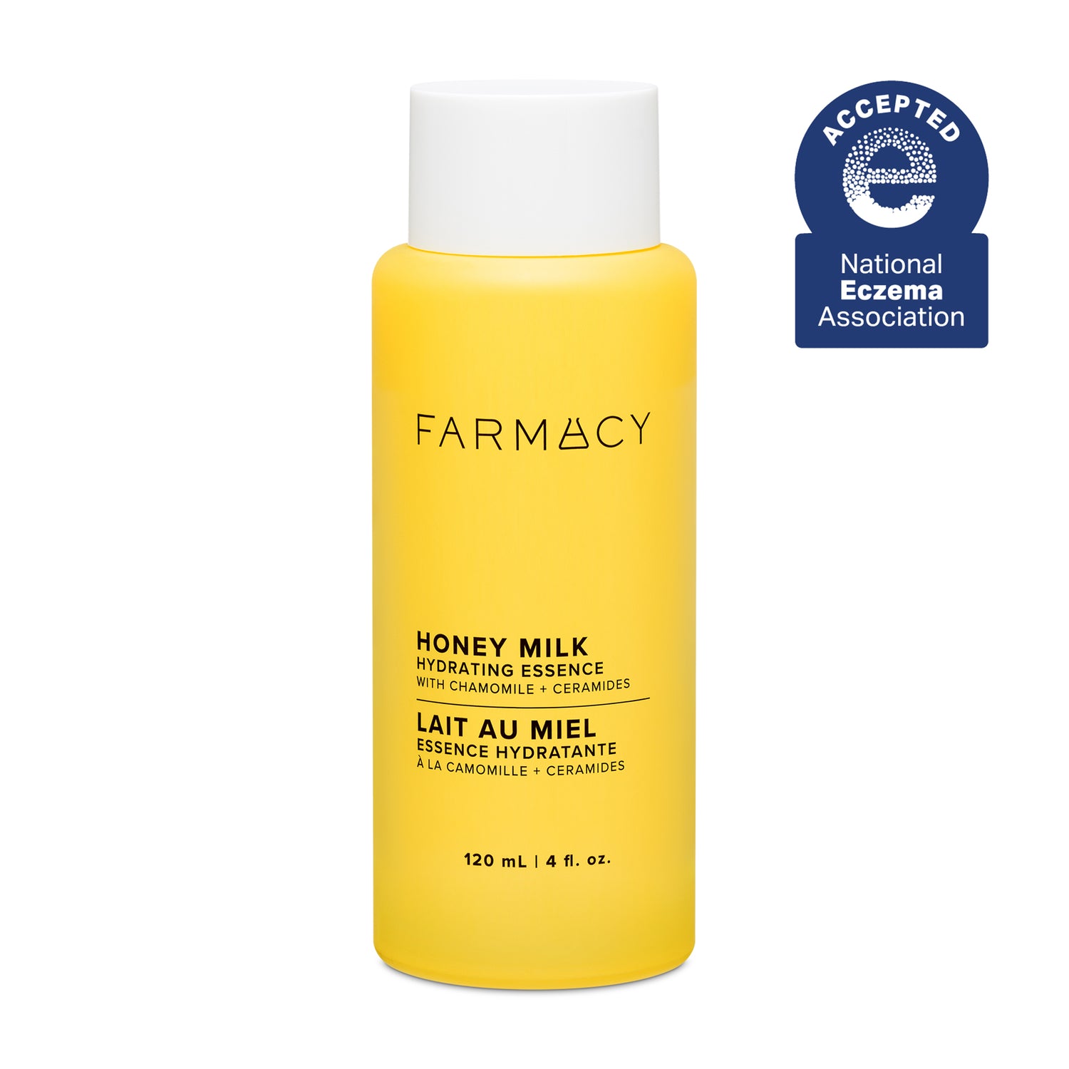 Yellow bottle of Farmacy Honey Milk Hydrating Essence on a white background with National Eczema Association acceptance badge.