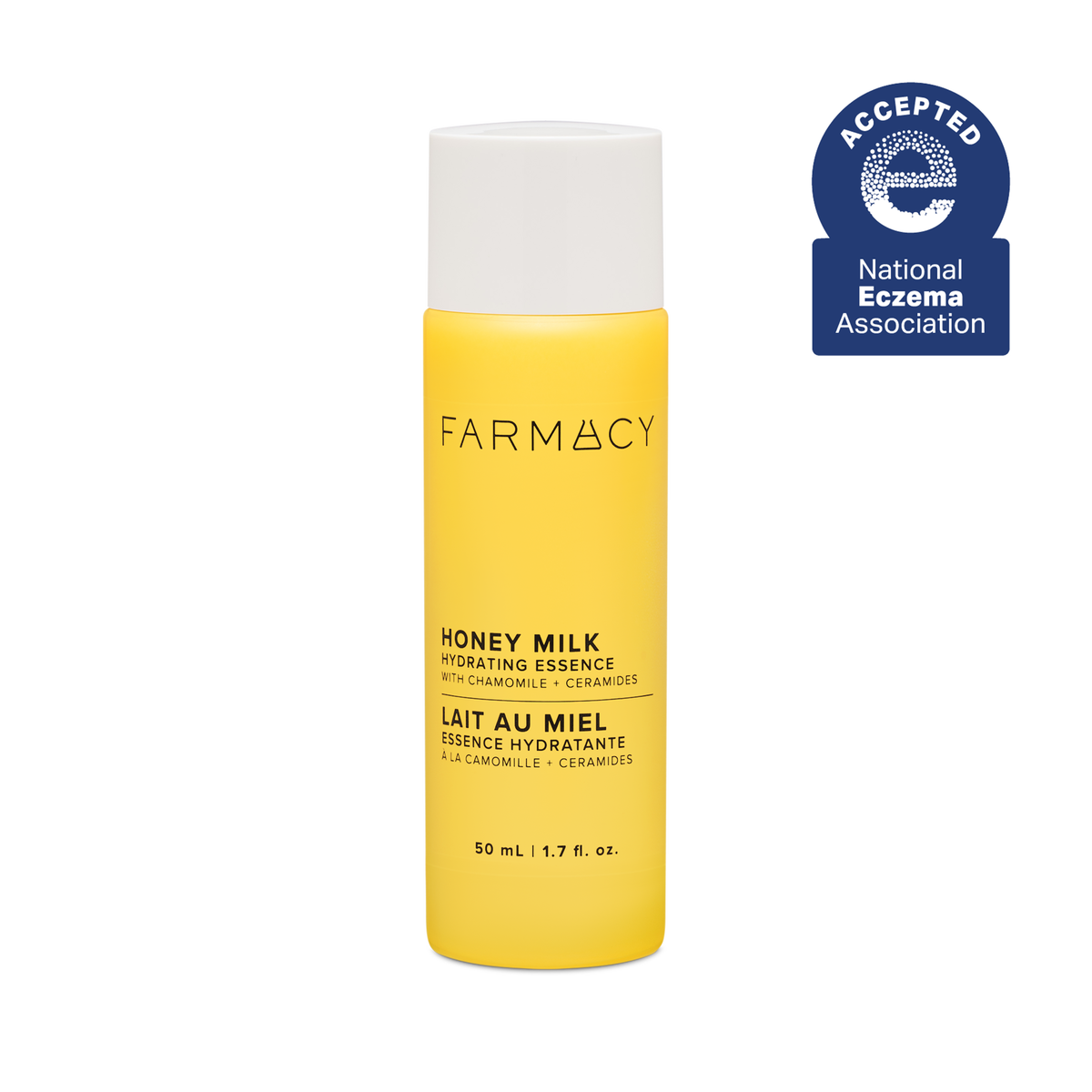 50 mL bottle of Farmacy Honey Milk Hydrating Essence on a white background with National Eczema Association acceptance badge
