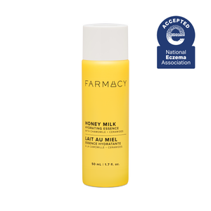 50 mL bottle of Farmacy Honey Milk Hydrating Essence on a white background with National Eczema Association acceptance badge