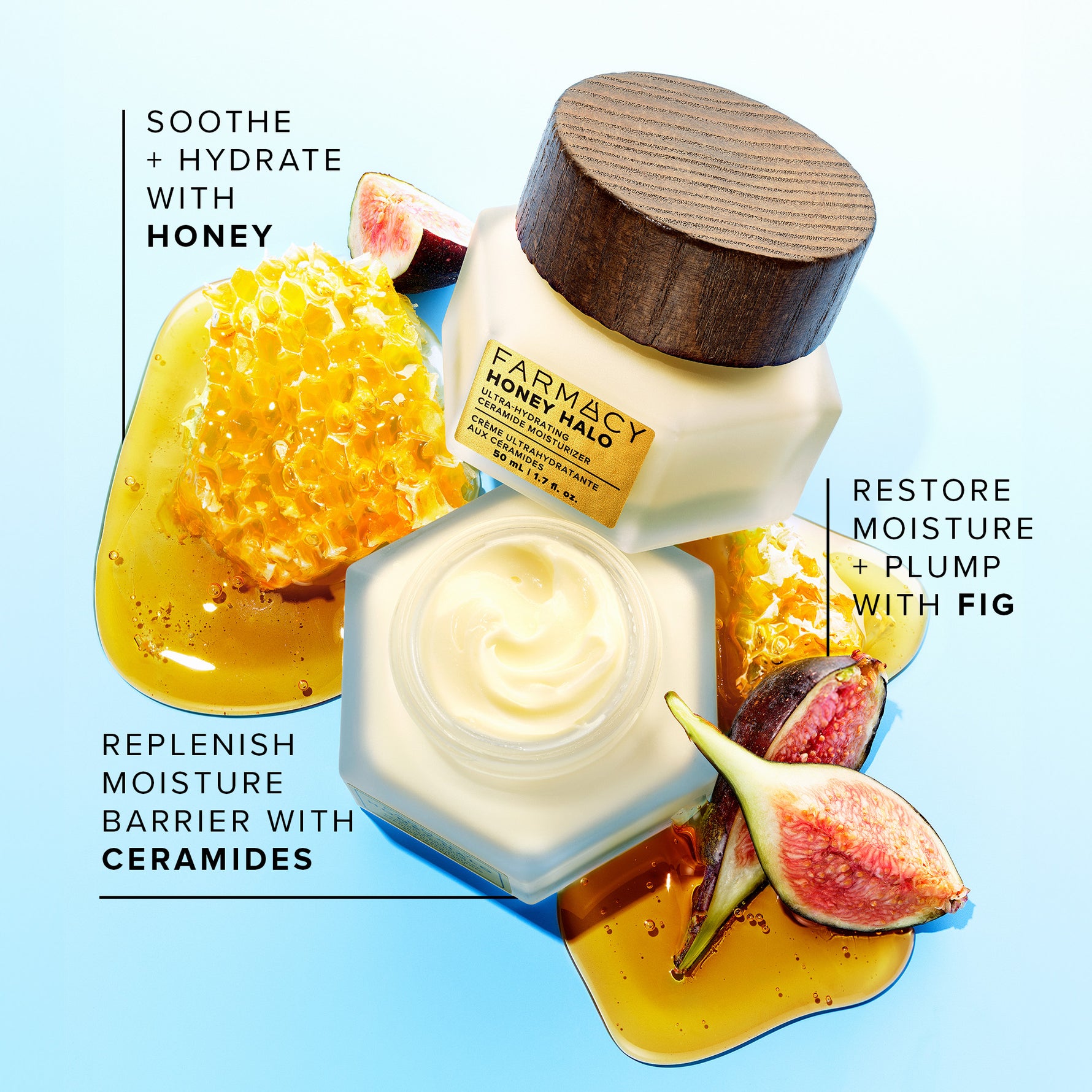 Honey Halo ingredient Callout, Honey, Ceramides and Fig