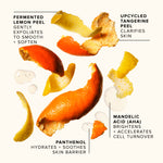 Illustration of orange and tangerine peels with text describing their skincare benefits on a white background.