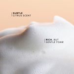 Close-up of rich, but gentle foam with text on a peach background