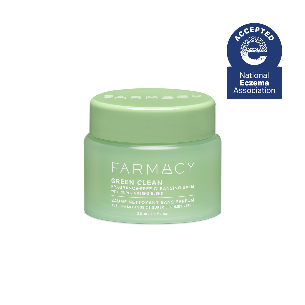 30mL jar of Farmacy Green Clean cleansing balm fragrance-free with National Eczema Association acceptance badge on a white background