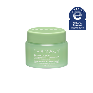 30mL jar of Farmacy Green Clean cleansing balm fragrance-free with National Eczema Association acceptance badge on a white background